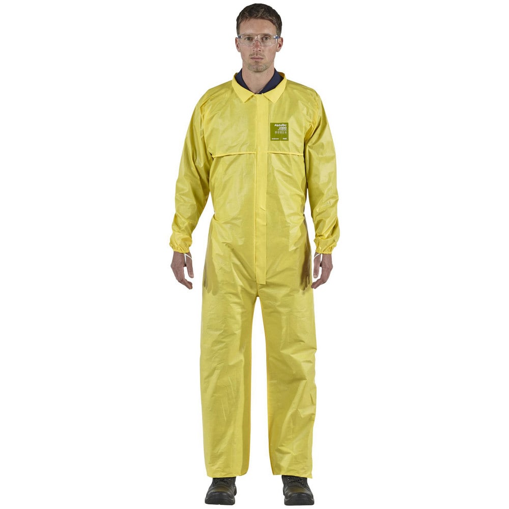 Disposable Coveralls: Size 4X-Large, 0.5216 oz, Polyethylene on Bicomponent & Polypropylene/Polyethylene Non-Woven, 2-Way Zipper with Storm Flap Closure