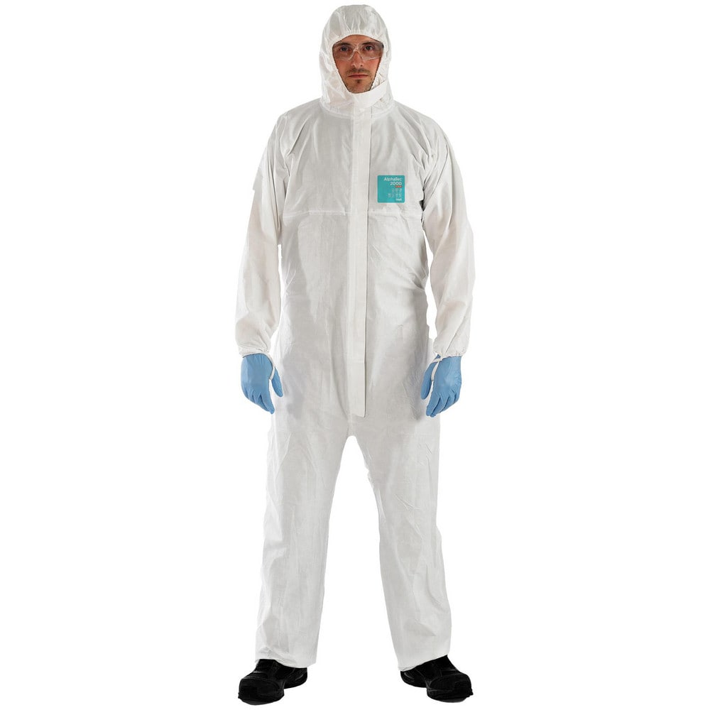 Disposable Coveralls: Size 4X-Large, 0.5382 oz, Microporous Polyethylene Laminate Non-Woven, 2-Way Zipper with Storm Flap Closure