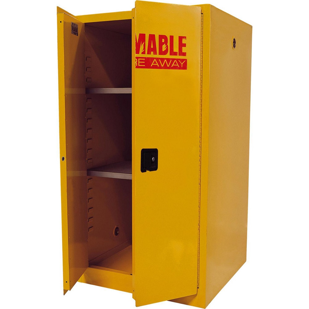 Flammable & Hazardous Storage Cabinets:  60.000 gal Drum, 2.000 Door,  2 Shelf,  Manual Closing,  Safety Yellow