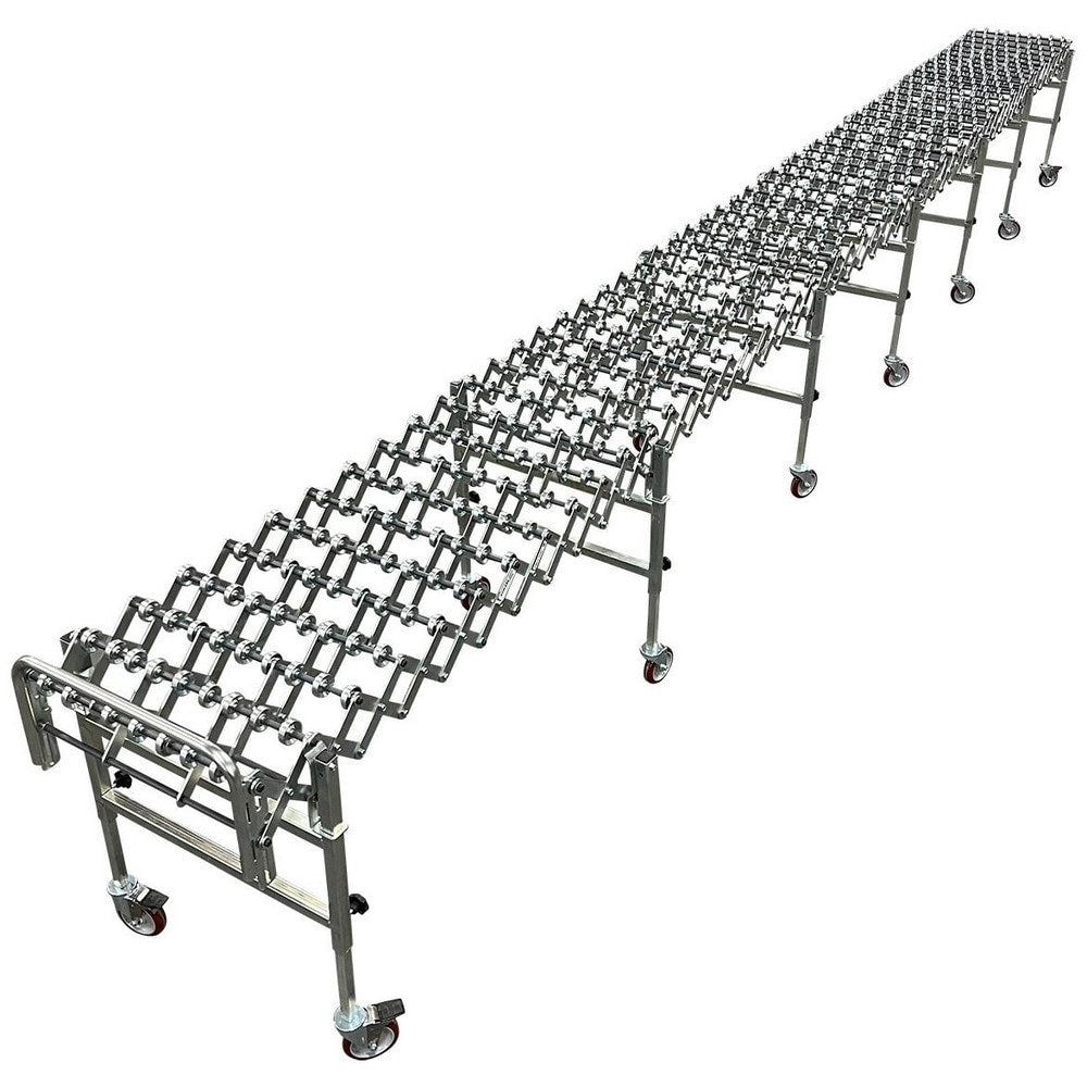 Gravity Conveyors; Conveyor Type: Skate Wheel; Component: Flexible Skate Wheel Conveyor; Telescopic: Yes; Overall Width: 22; Roller Diameter: 1.9000; Minimum Extended Length: 8.1 ft; Maximum Extended Length: 32.5000; Minimum Height (Inch): 28.0000