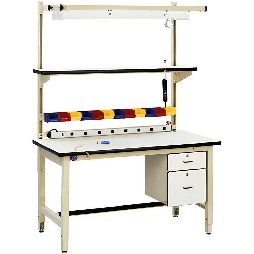 Heavy-Duty Work Bench with Drawer: 72" Wide, 30 to 36" High, Painted, Plastic Laminated Top, Steel Base, Light Blue