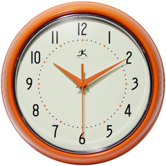 Office Wall Clocks; Clock Type: Dial; Display Type: Analog; Power Source: Battery; Clock Movement Control: Manual; Face Diameter: 7.2500; Face Color: Off-White; Case Color: Orange; Digit Color: Black