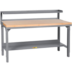 Welded Work Table: 60" Wide, 28-3/4 to 42-3/4" High, Powder Coated, Butcher Block Top, Steel Base, Gray