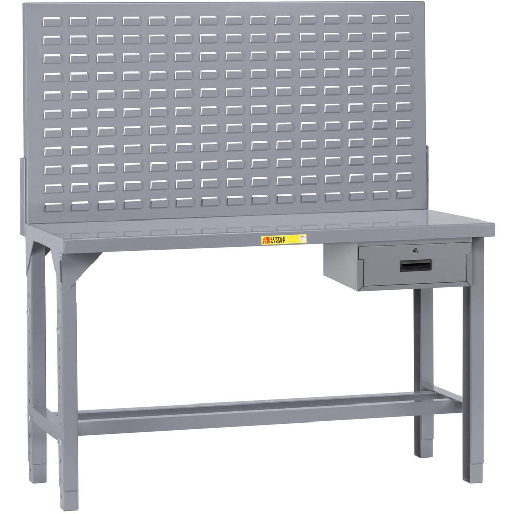 Heavy-Duty Use Workbench: 60" Wide, 30" Deep, 51 to 65" High, Powder Coated, Steel Top, Gray