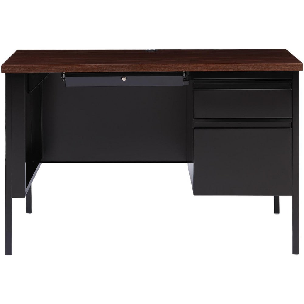 Office Desks; Desk Type: Right Pedestal; Type: Single Pedestal; Color: Mocha, Black; Material: Steel; Top Material: Woodgrain Laminate; Center Drawer: Yes