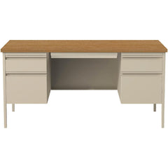 Office Desks; Desk Type: Right Pedestal; Type: Single Pedestal; Color: Cherry, Putty; Material: Steel; Top Material: Woodgrain Laminate; Center Drawer: Yes