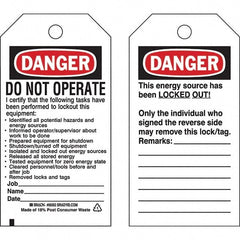 Do Not Operate Tag: 5-3/4" High, 3" Wide, Paper, "DANGER"