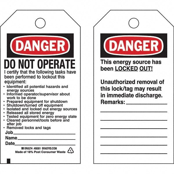 Do Not Operate Tag: 5-3/4" High, 3" Wide, Paper, "DANGER"