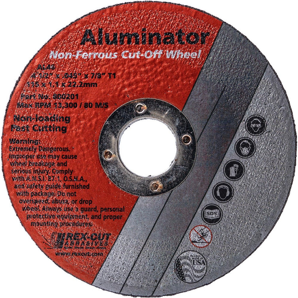 Cutoff Wheel: Type 1, 4-1/2" Dia, Aluminum Oxide