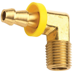 Barbed Push-On Hose Fittings; Fitting Type: Male Elbow; Inside Diameter (Inch): 3/8; Material: Brass; Thread Standard: NPTF; Thread Size: 3/8-18; Barb Size: 3/8