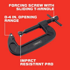 C-Clamp: 4" Max Opening, 2-3/4" Throat Depth, Steel