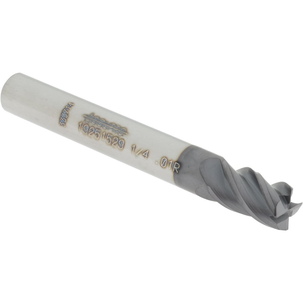 Corner Radius End Mill: 1/4" Dia, 3/8" LOC, 0.0100" Radius, 4 Flute, Solid Carbide