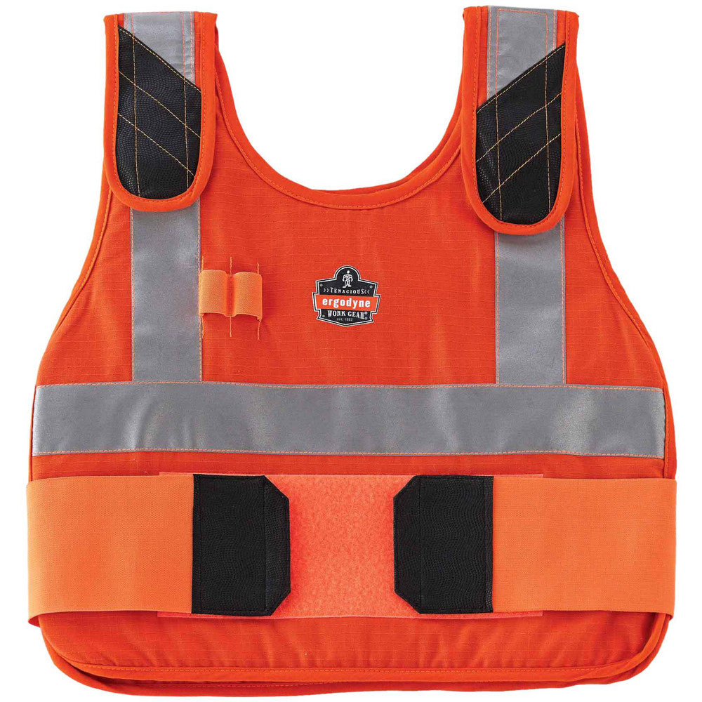 Cooling Vests; Cooling Technology: Phase Change Vest; Breakaway: No; Expandable: Yes; Size: Large, X-Large; Color: Orange; Maximum Cooling Time (Hours): 4; Material: Modacrylic Cotton; Activation Method: Cooling Inserts; Closure Type: Hook & Loop