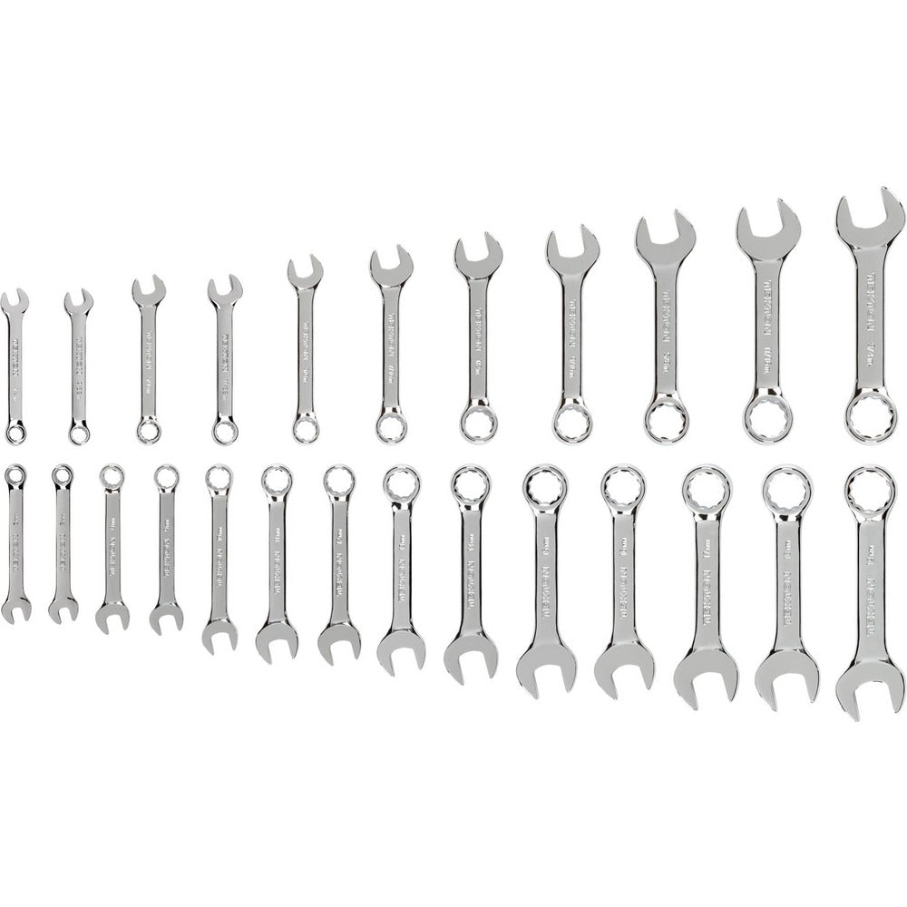 Stubby Combination Wrench Set: 25 Pc, Inch & Metric