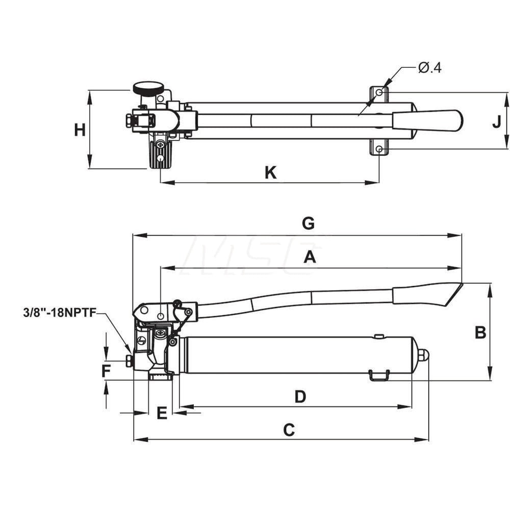 Manual Hydraulic Pumps; Number Of Stages: 2; Piston Diameter (Decimal Inch): 0.79; Port Size: 3/8  NPTF; Maximum Handle Effort: 100; 1st Stage Pressure Rating: 200; 2nd Stage Pressure Rating: 10000; Orientation: Horizontal; Stroke Length: 20