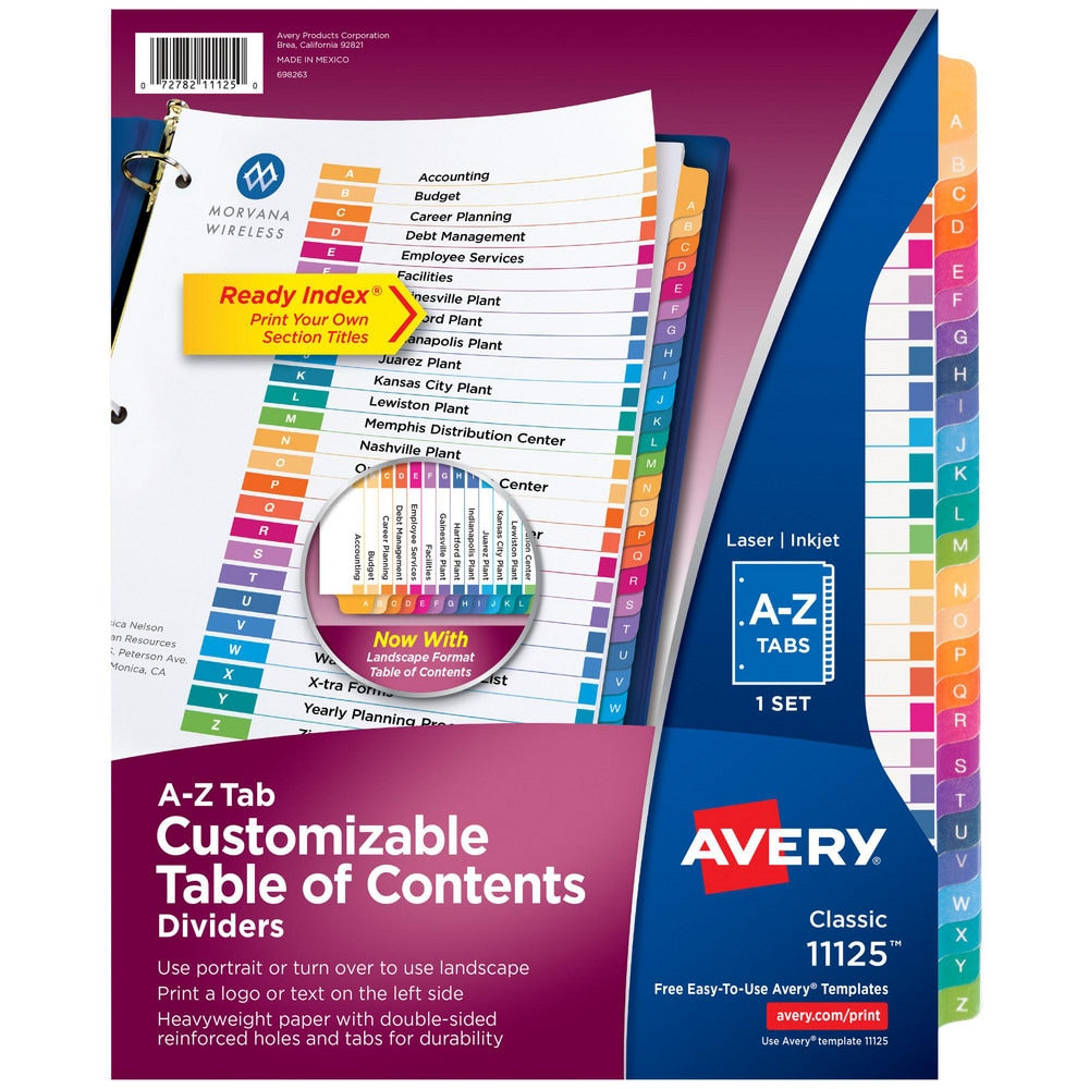 11 x 8 1/2" A to Z Label, 12 Tabs, 3-Hole Punched, Preprinted Divider