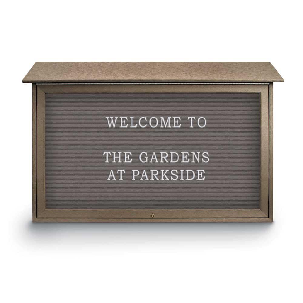 Enclosed Letter Board: 45" Wide, 30" High, Recycled Plastics, Weathered Wood