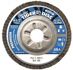 Flap Disc:  4-1/2" Dia, 7/8" Hole, 36 Grit, Zirconia Alumina, Type 29