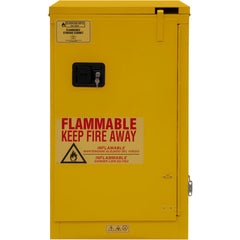 Flammable & Hazardous Storage Cabinets:  16.000 gal Drum, 1.000 Door,  1 Shelf,  Self Closing,  Safety Yellow