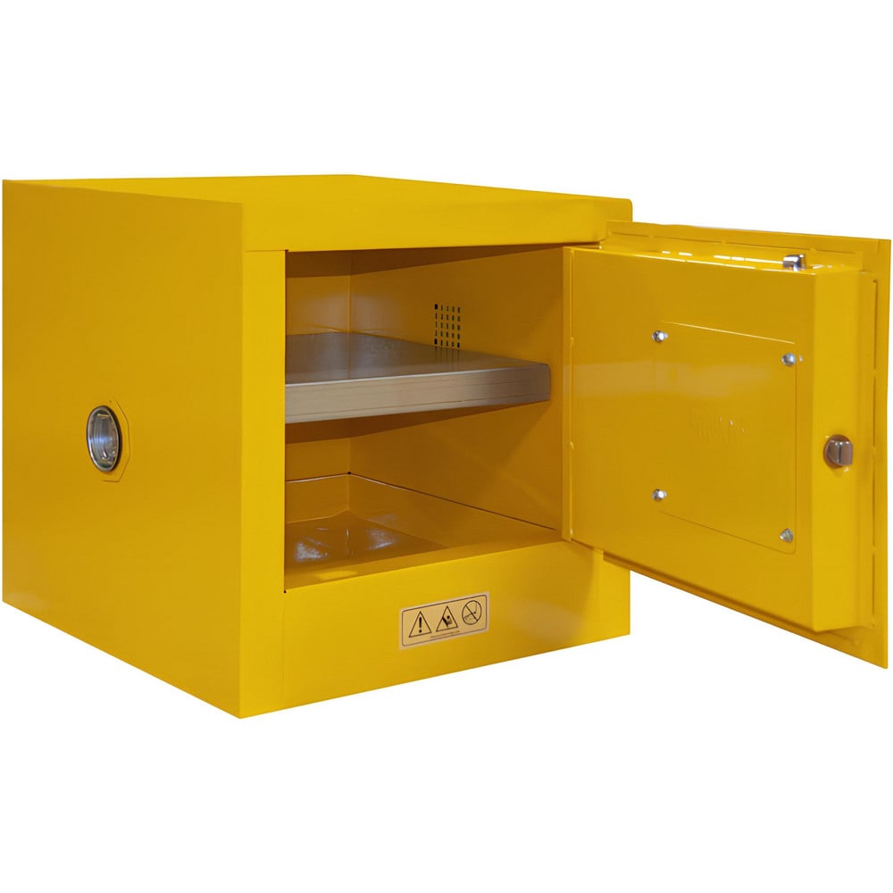 Flammable & Hazardous Storage Cabinets:  2.000 gal Drum, 1.000 Door,  1 Shelf,  Manual Closing,  Safety Yellow