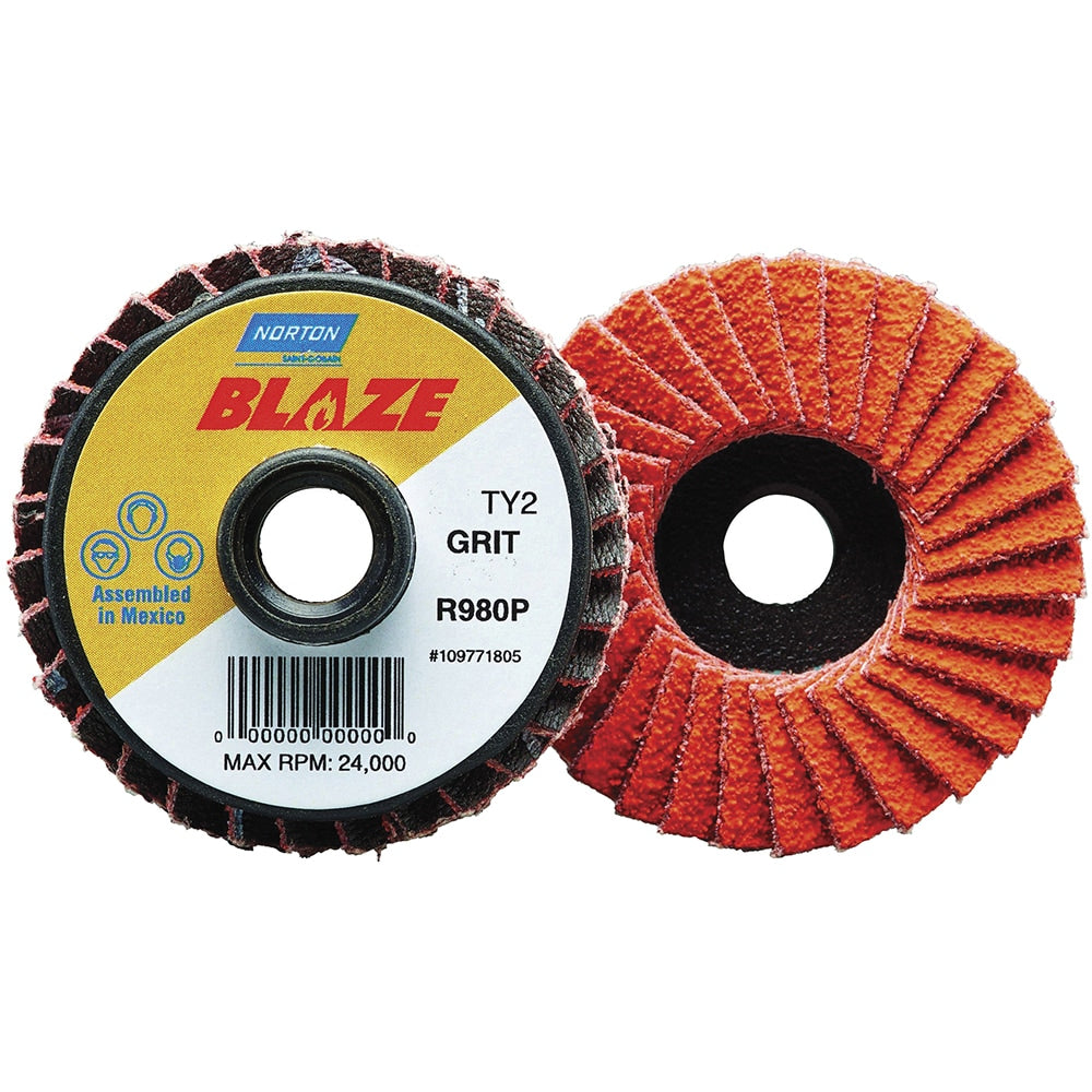 Flap Disc:  3" Dia, 36 Grit, Ceramic Alumina, Flat