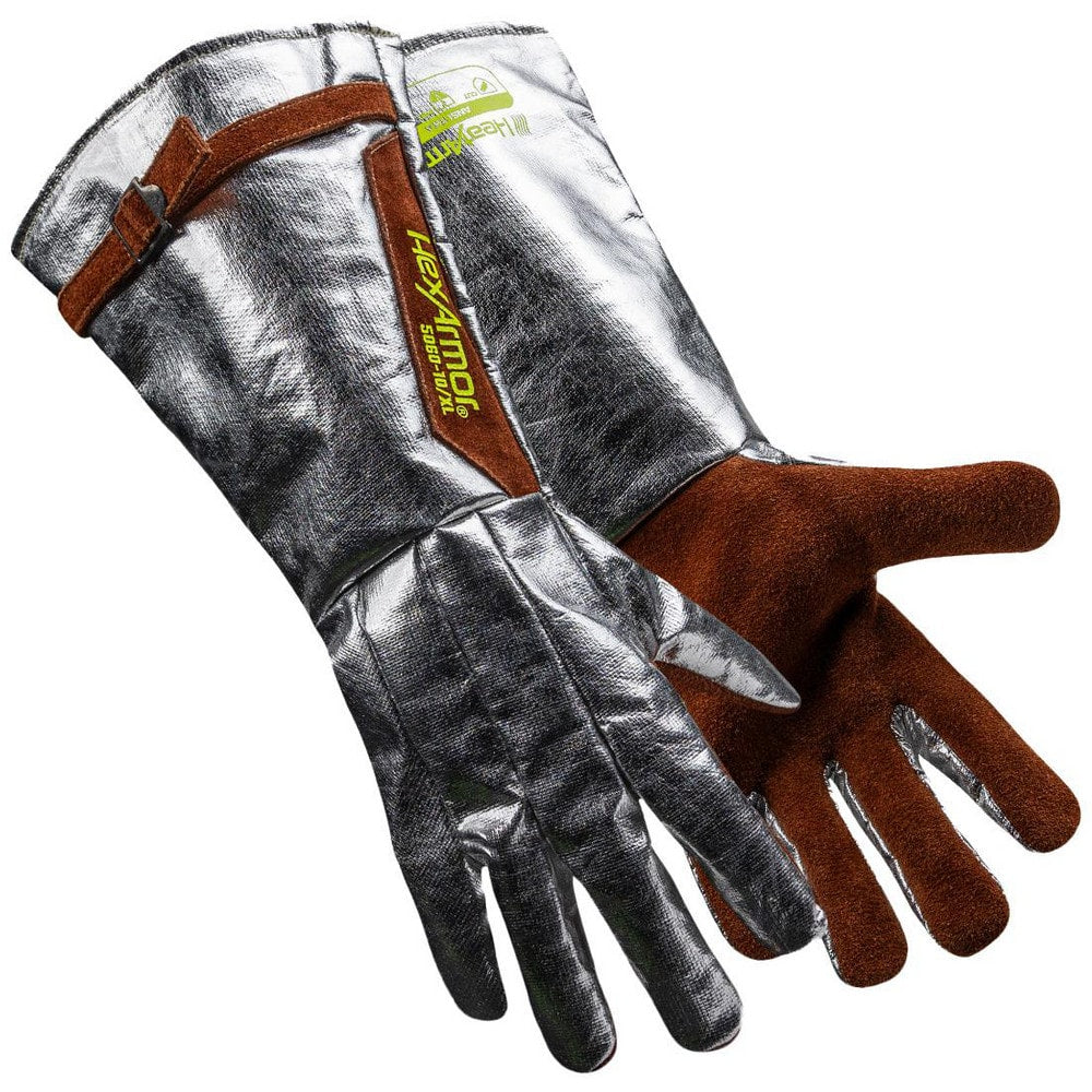 Welding Gloves: HeatArmor&trade; HeatArmor 5060, Size Medium, Aluminized Carbon-Para Aramid Blend-Coated, Aluminized Aramid & Cowhide Leather, Pair, for Foundry Operations & Stick Welding