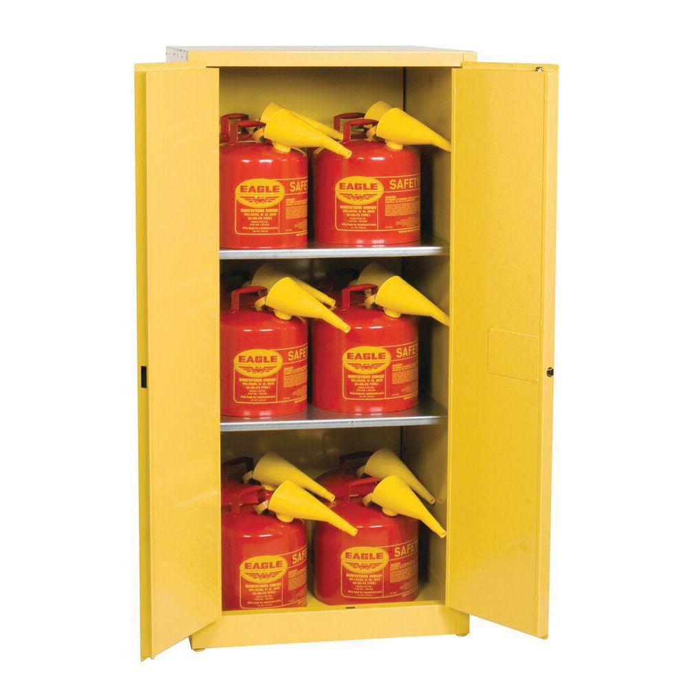 Flammable & Hazardous Storage Cabinets:  60.000 gal Drum, 2.000 Door,  2 Shelf,  Manual Closing,  Yellow