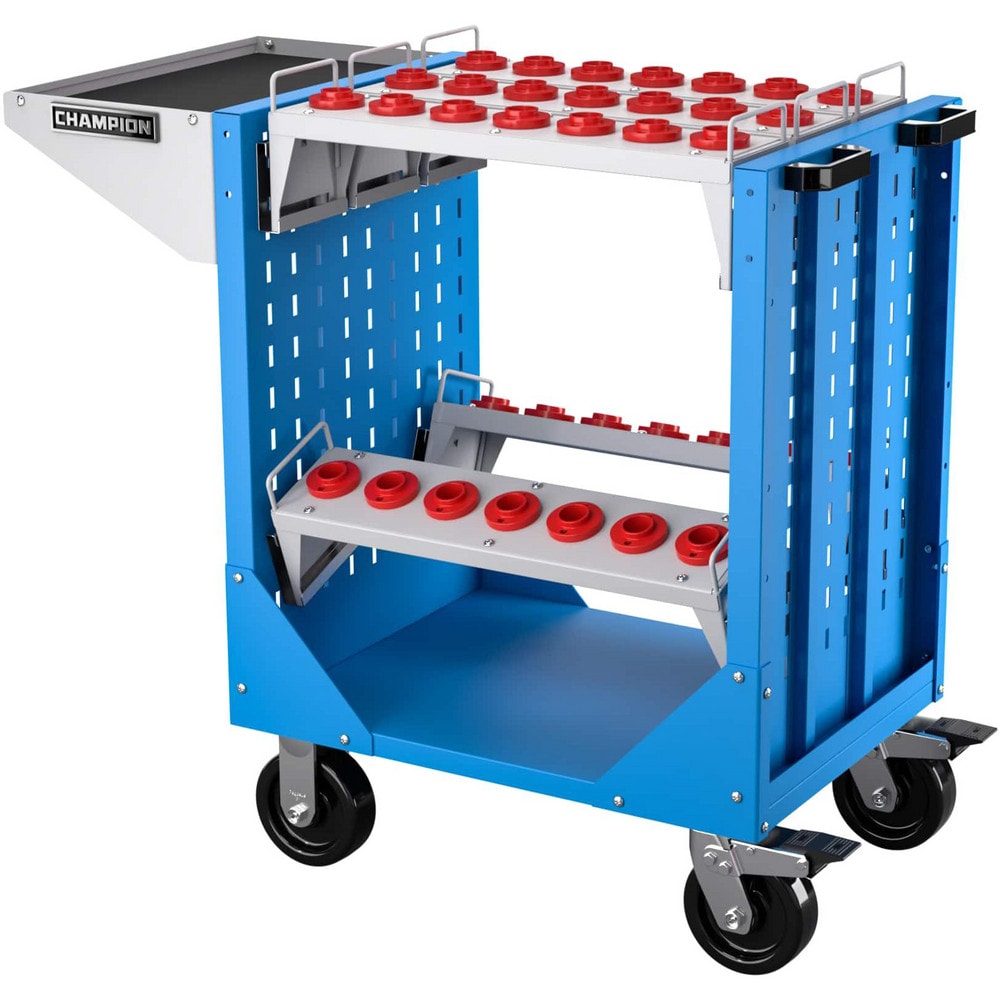 CNC Storage Carts; Style: CAT; Taper Size: CAT30; Tool Type: CAT; Caster Type: Swivel, Fixed; Color: Bright Blue; Tool Capacity: 3600; Material: Steel; Load Capacity (Lb.