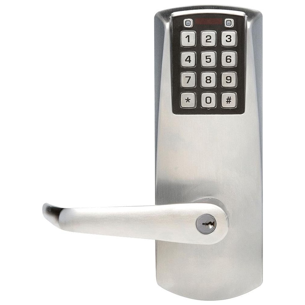 Lever Locksets; Lockset Type: Rim Exit Trim with Keypad; Key Type: Schlage C; Back Set: 2-3/4; Cylinder Type: Schlage C Keyway; Material: Metal; Door Thickness: 1 3/8 - 1 3/4; Finish: Satin Chrome