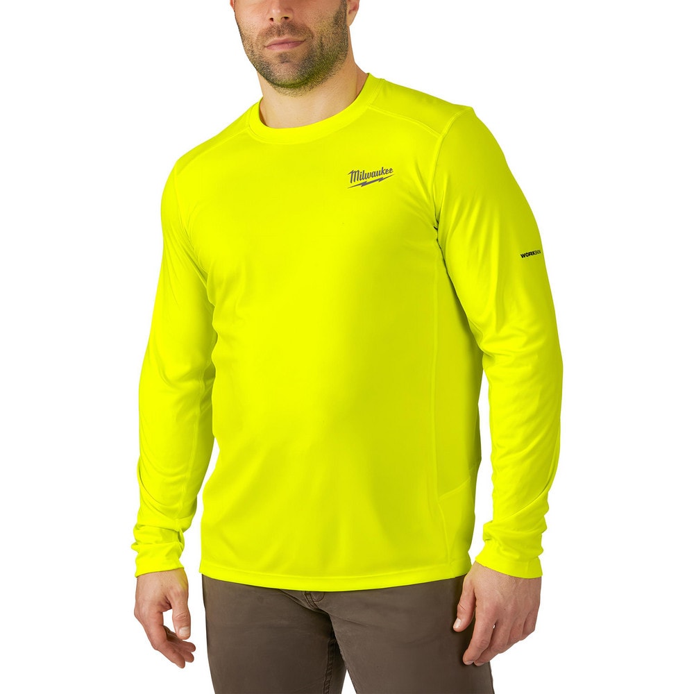 Work Shirt: General Purpose, Long Sleeve, Medium, Polyester, High-Visibility Yellow