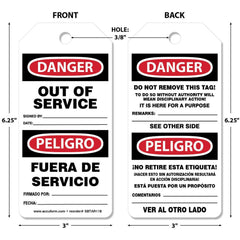 Accident Prevention Tag: Rectangle, 6-1/4" High, Synthetic Paper, "DANGER PELIGRO"