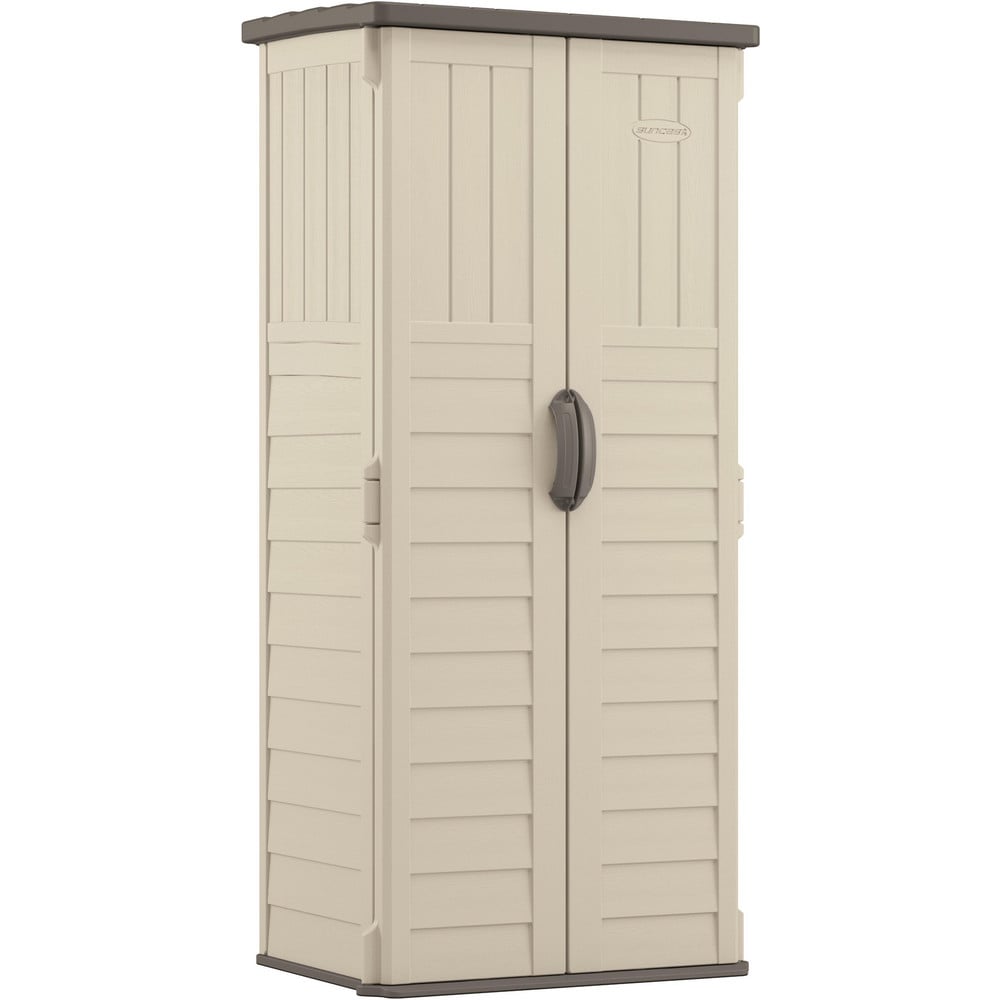 Sheds; Shed Type: Vertical Storage Shed; Overall Width: 32 in; Overall Depth: 25.5 in; Overall Height: 6 ft; Overall Capacity: 22 ft¬≥; Material: Resin; Color: Vanilla