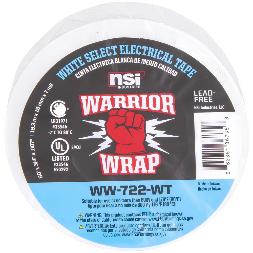 Electrical Tape; Tape Material: Vinyl; Width (Inch): 3/4; Thickness (mil): 7.0000; Color: White; Series: Professional; Series Part Number: WW-722-WT; Adhesive Material: PVC