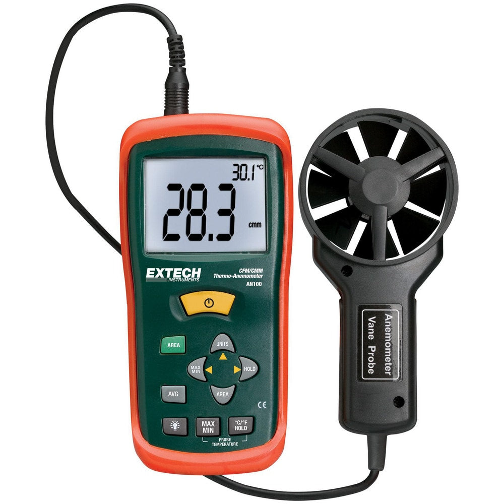 Airflow Meters & Thermo-Anemometers; Meter Type: CFM/CMM Thermo-Anemometer; Measures: Airflow; Maximum Air Velocity ft/min (Feet): 108.0, 5900 ft, 30.0, 67.0, 5900, 58.0; Humidity Sensing: Yes; Data Logging: No; Auto Power Off: Yes; Minimum Air Velocity: