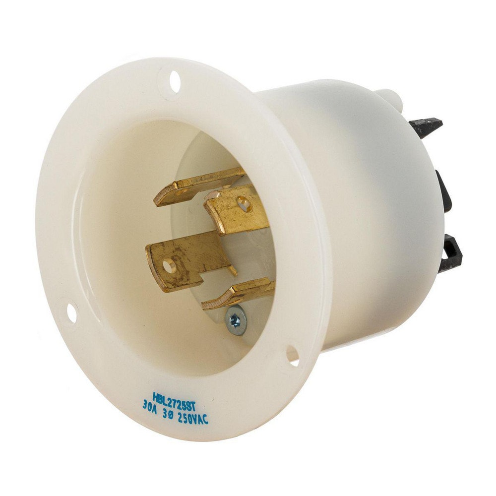 Locking Devices, Twist-Lock, Industrial, Insulgrip Flanged Inlet, 30A 3-Phase Delta 250V AC, 3-Pole 4-Wire Grounding, L15-30P, Spring Terminal, White.