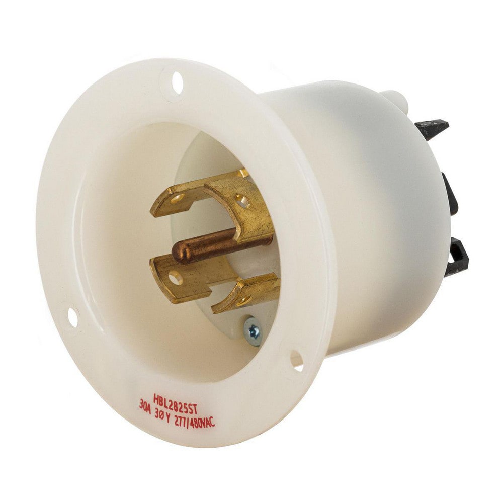 Locking Devices, Twist-Lock, Industrial, Insulgrip Flanged Inlet, 30A 3-Phase Wye 277/480V AC, 4-Pole 5-Wire Grounding, L22-30P, Spring Terminal, White.