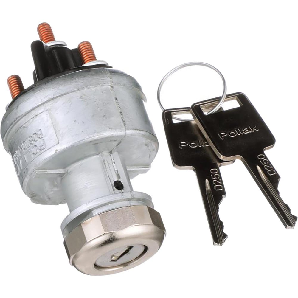 Automotive Switches; Switch Type: Ignition Switch-12v; Number Of Connections: 4; Contact Form: 10-32 Stud; Sequence: ACC-Off-On/ACC-Start; Amperage: 30; Voltage: 12; Color: Gray; Actuator Type: Key Manual