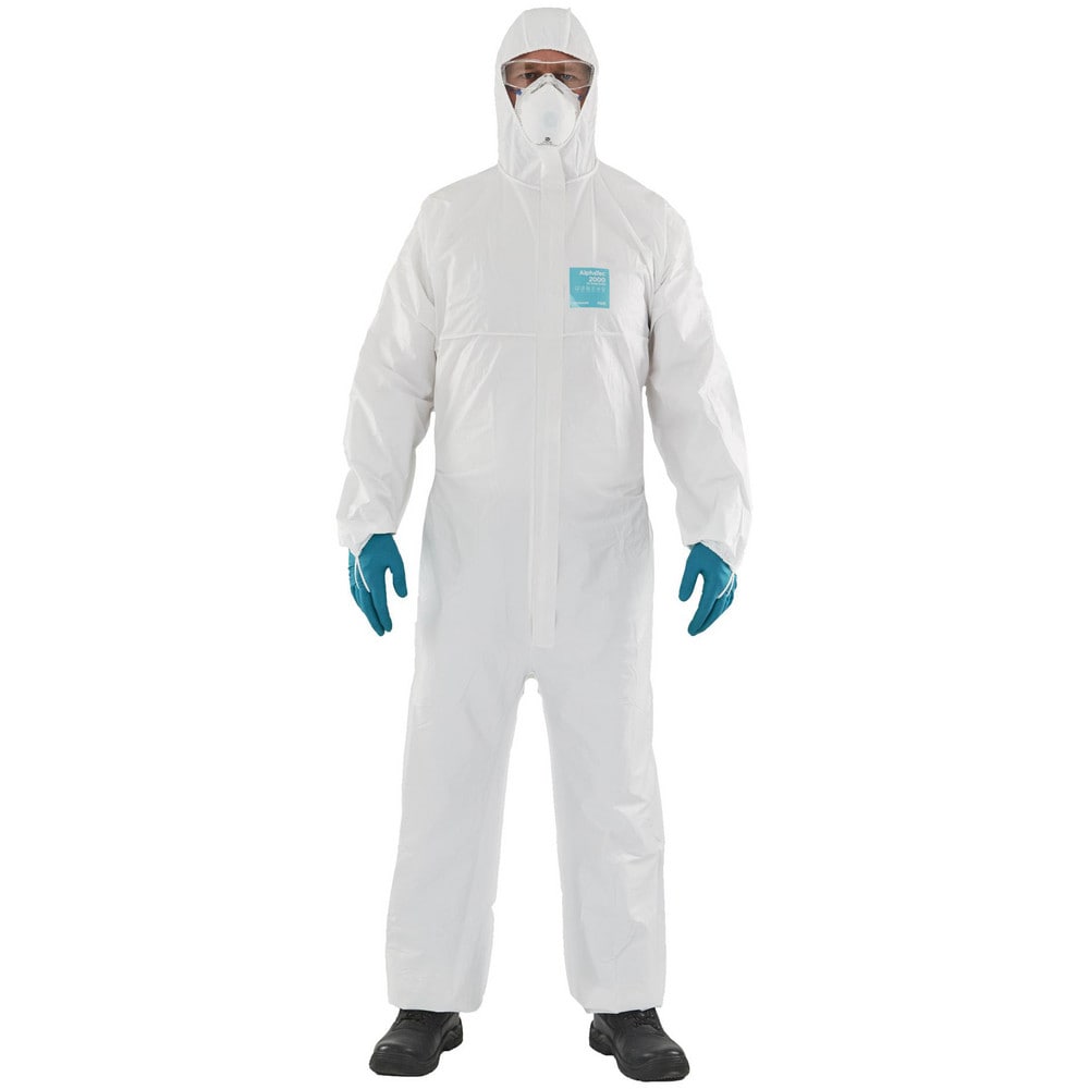 Disposable Coveralls: Size Medium, 0.5382 oz, Microporous Polyethylene Laminate Non-Woven, 2-Way Zipper with Storm Flap, Finger Loops & Elastic Closure