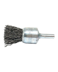 3/4″ Diameter × 1/4″ Shank Diameter × 7/8″ Trim Length, 0.014″ Crimped Bristle, Stainless Steel, Solid End Brush