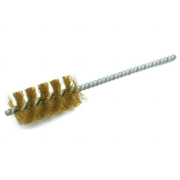 Brush Research Mfg. - 9/16" Diam Helical Brass Tube Brush - Single Spiral, 0.005" Filament Diam, 1-1/2" Brush Length, 5" OAL, 0.19" Diam Galvanized Steel Shank - Caliber Tooling