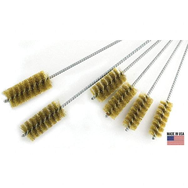 Brush Research Mfg. - 3" Diam Helical Brass Tube Brush - Single Spiral, 0.012" Filament Diam, 4" Brush Length, 18" OAL, 0.292" Diam Galvanized Steel Shank - Caliber Tooling