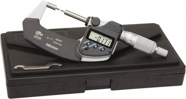 Mitutoyo - 1 Inch, 32mm Throat Depth, Electronic Spline Micrometer - Accurate Up to 0.0001 Inch, 1/4 Inch Spindle Diameter, 0.18mm Head Diameter, Ratchet Stop Thimble, Data Output - Caliber Tooling