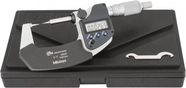 Mitutoyo - 1 Inch, 32mm Throat Depth, Ratchet Stop, Electronic Point Micrometer - Accurate Up to 0.0001 Inch, 0.3937 Inch Point Length, 15° Point Angle, 18mm Head Diameter - Caliber Tooling