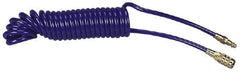 Coilhose Pneumatics - 1/4" ID, 1/4 Thread, 25' Long, Blue Polyurethane Coiled & Self Storing Hose - 125 Max psi, Industrial Interchange Coupler x Plug - Caliber Tooling