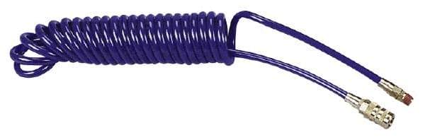 Coilhose Pneumatics - 1/4" ID, 1/4 Thread, 15' Long, Blue Polyurethane Coiled & Self Storing Hose - 125 Max psi, Industrial Interchange Coupler x Male Swivel - Caliber Tooling