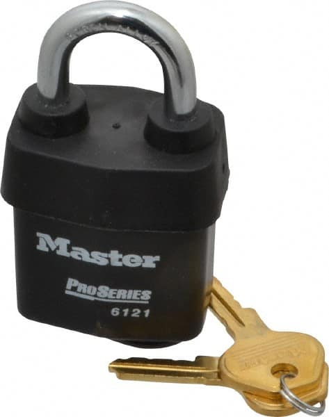 Master Lock - 1-1/8" Shackle Clearance, Keyed Different Pro Series Solid Steel Padlock - 5/16" Shackle Diam, Laminated Steel - Caliber Tooling