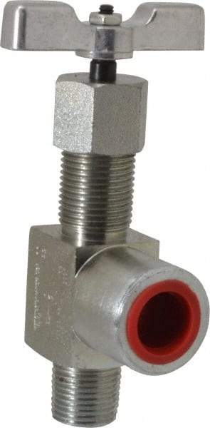 Made in USA - 1/2" Pipe, Angled Hard Seat Needle Valve - MNPT x FNPT Ends, Alloy Valve, 10,000 Max psi - Caliber Tooling