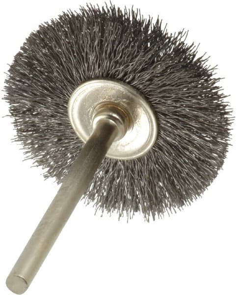 Osborn - 1-1/4" OD, 1/8" Shank Diam, Crimped Steel Wheel Brush - 0.005" Filament Diam, 25,000 RPM - Caliber Tooling