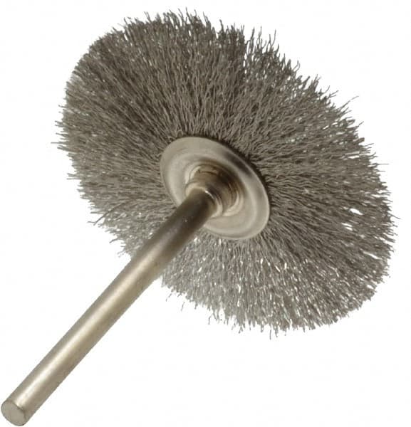 Osborn - 1-1/2" OD, 1/8" Shank Diam, Crimped Stainless Steel Wheel Brush - 0.005" Filament Diam, 25,000 RPM - Caliber Tooling