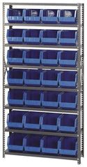 Quantum Storage - 12" Deep x 36" Wide x 75" High, Steel Open Hopper Storage Unit - 7/8 Shelves, 28 Blue Plastic Bins, 8-1/4" Bin Width x 7" Bin Height x 11" Bin Depth - Caliber Tooling